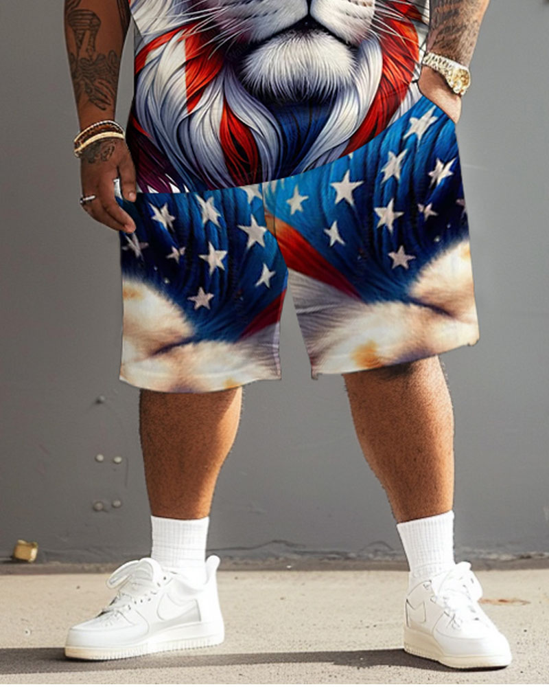 Men's Plus Size Independence Day Flag Lion Print T-Shirt Set