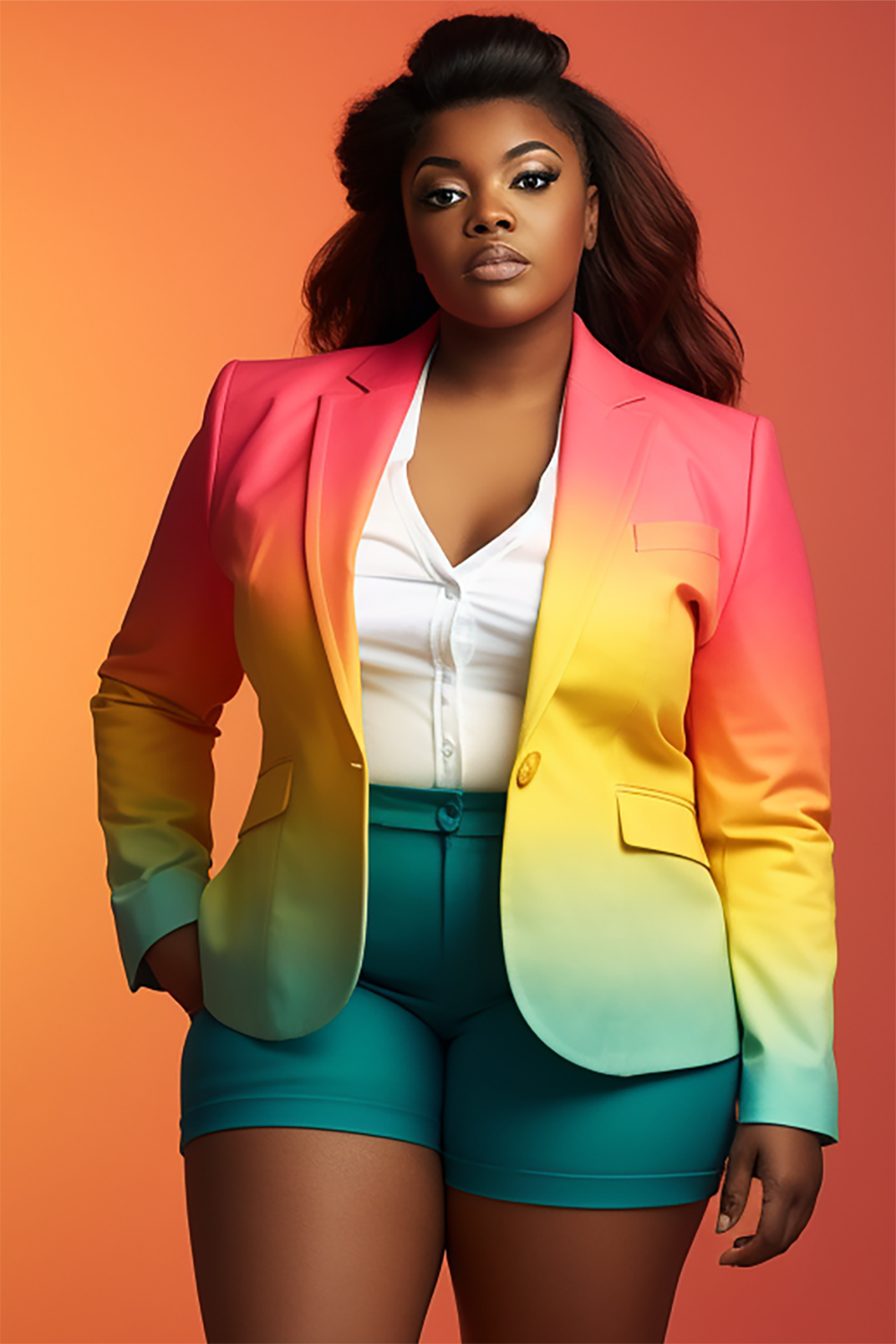 Design Plus Size Daily Elegant Multicolor Gradient Spring Summer Turndown Collar Long Sleeve Pocket Two Piece Suit Sets [Pre-Order]