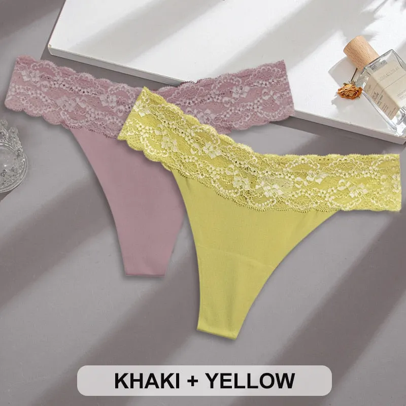 2PCS/Set Lace Panties Sexy Underwear Thong Women Panties G-String Panties Briefs Lingerie Floral V Waist Design Female Underpant