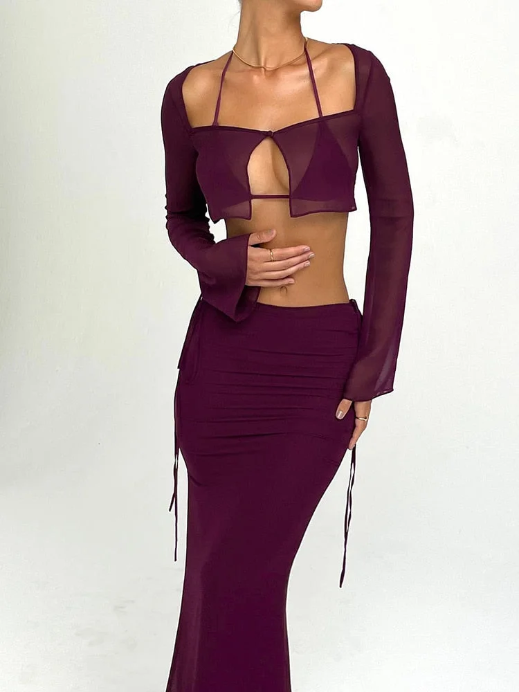 Jacuqeline 2022 Summer Green Sexy See Through Lace Dress Sets Women Long Sleeve Tops And Midi Skirts Beach Elegant 2 Piece Sets