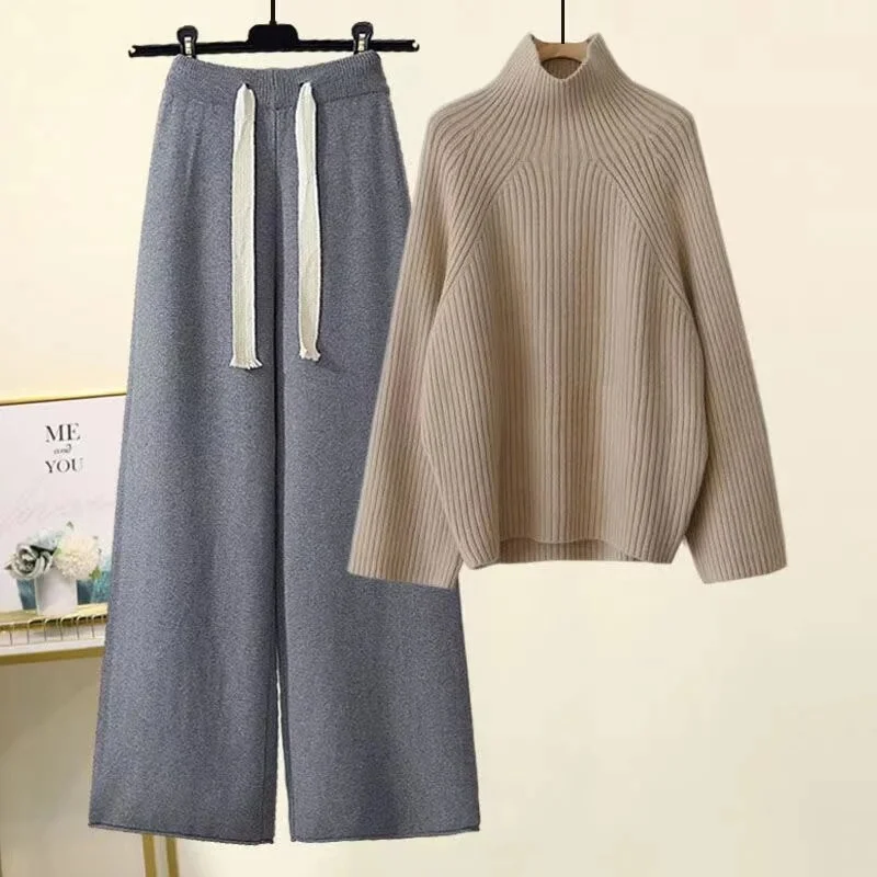 Zingj Winter Warm Knitted Suit Women Long Sleeve Half Turtleneck Knitting Sweater And Wide Leg Pants Sets Outer Wear Loose Set