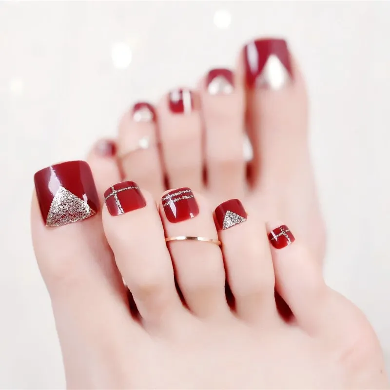 24pcs Luxury Full Fake Toe Nail Rhinestone False Nails Finished Manicure Flash Drill Wine Red Foot Nail Art for Summer Barefoot-Nail Inspo
