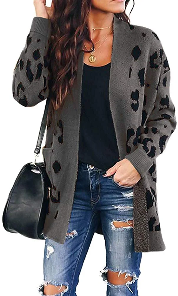 Leopard Print Cardigan Sweater Open Front Long Sleeve Loose Knit Coat with Pockets for women