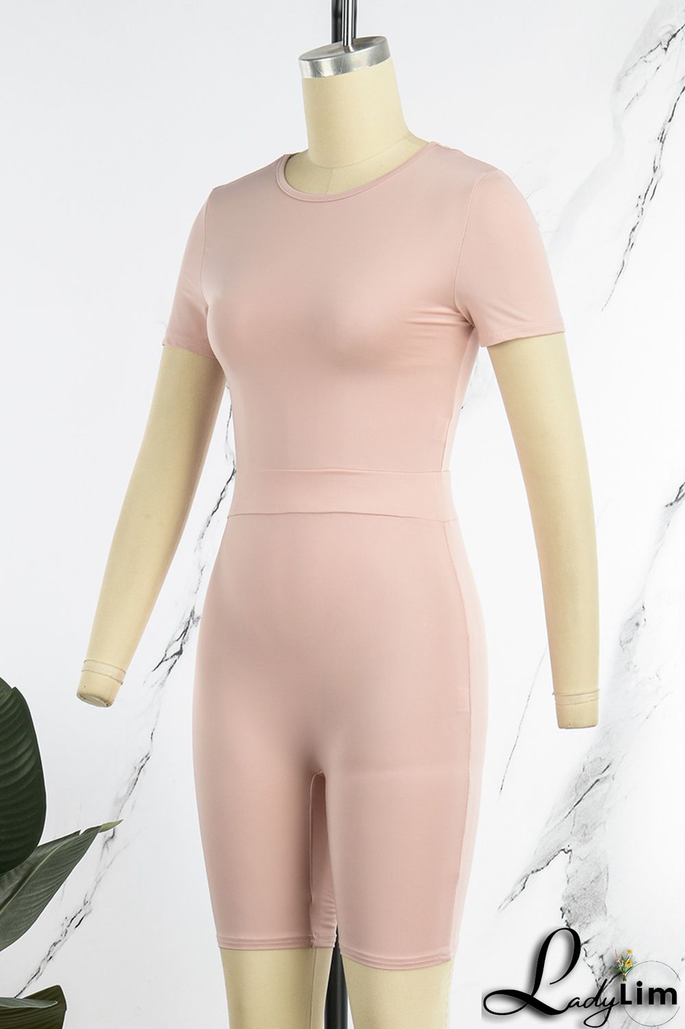 Pink Casual Solid Basic O Neck Short Sleeve Two Pieces