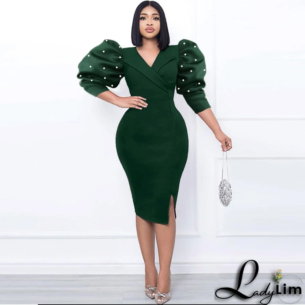 Puff Sleeve Dress Elegant Chic Beaded Party Bodycon Dresses