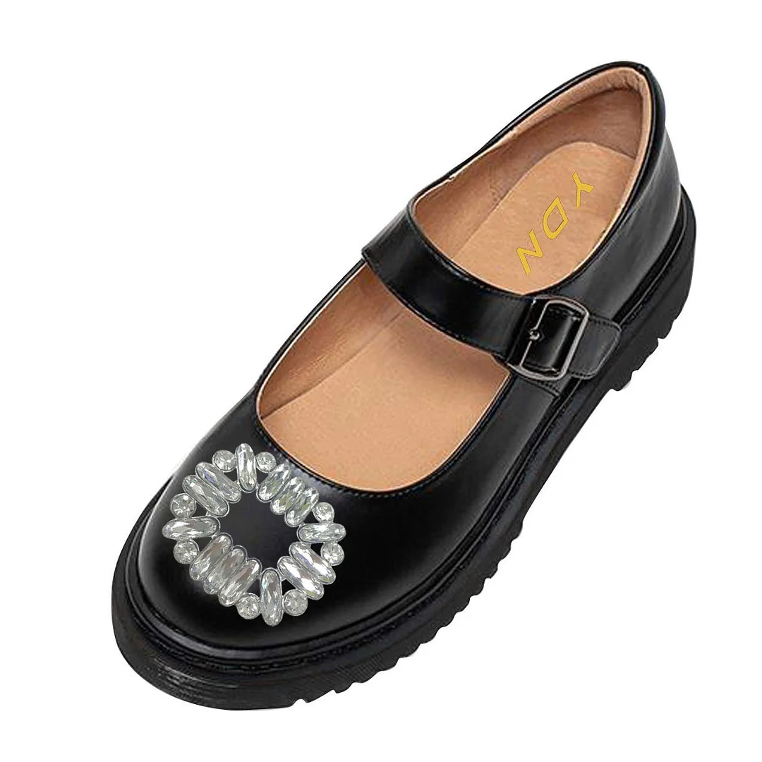 Black Round Toe Rhinestone Embellished Fashionable Mary Janes 