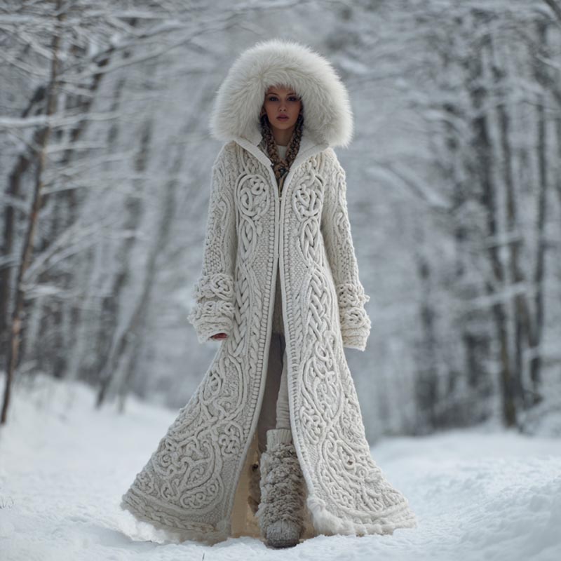 Women's Viking Celtic Knot Art Cozy Fur Trim Hooded Cardigan