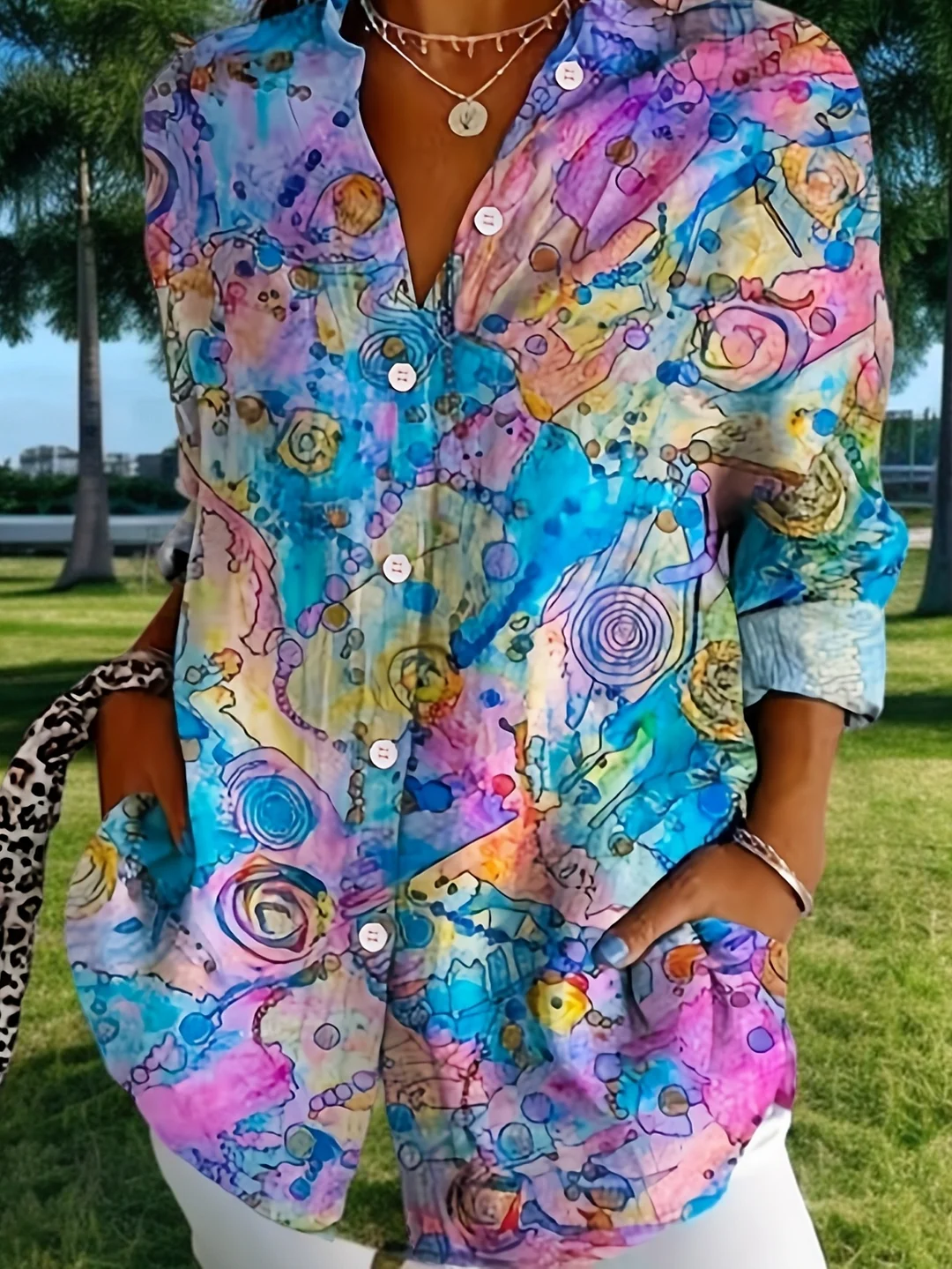 Women's Vintage Geometric Print Blouse - Casual Long Sleeve Button-Up Shirt With Floral & Abstract Design, Perfect For Spring & Summer, Casual Attire | Vintage Style Shirt | Decorative Button | IFYHOME
