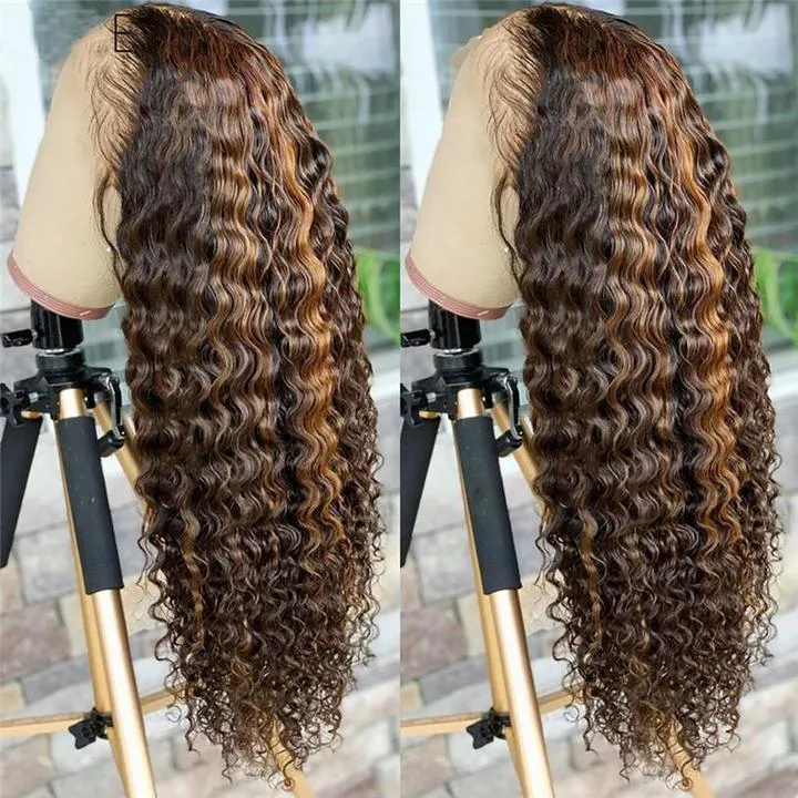 Honey Brown Highlight 27 Curly Lace Frontal Wig display picture 1