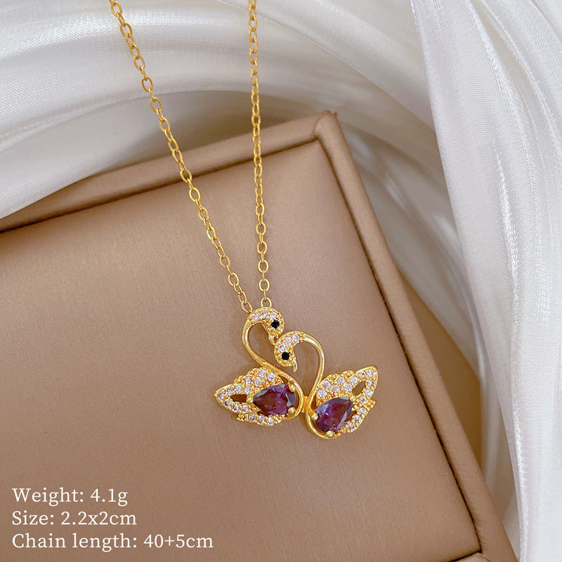 Swan And Mandarin Duck Playing In Water Full Of Diamonds Gorgeous Full Of Diamonds Necklace Women’S All-Match Clavicle Chain Titanium Steel