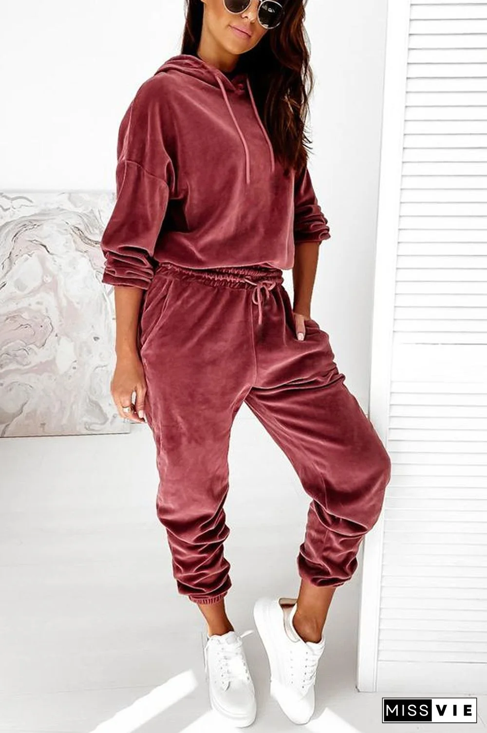 Velvet Drawstring Hooded Joggrt Set