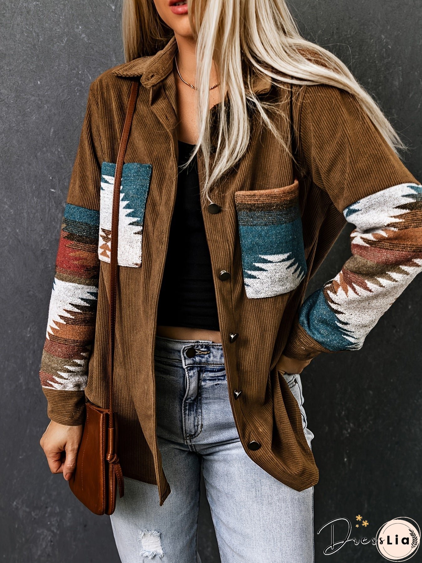 Aztec Pattern Color Block Jacket, Vintage Patched Pocket Corduroy Outwear For Fall & Winter, Women's Clothing