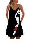 Abstract Art Fashion Black And White Mosaic Beautiful Woman Face Print Sleeveless Camisole Dress