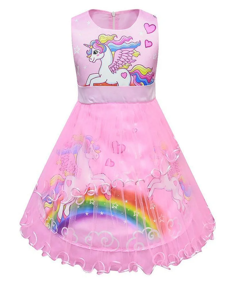 Pink Rainbow Unicorn Girls Tulle Lace Dress Gown Costume-Mayoulove