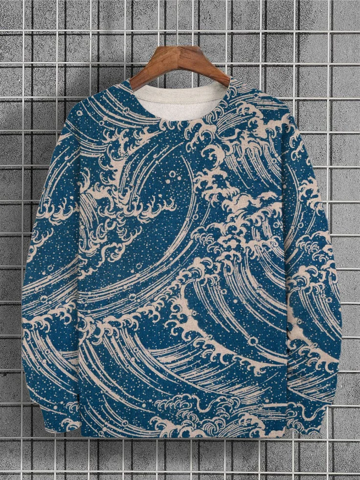Men's Artistic Ocean Wave Pattern Print Pullover Sweatshirt