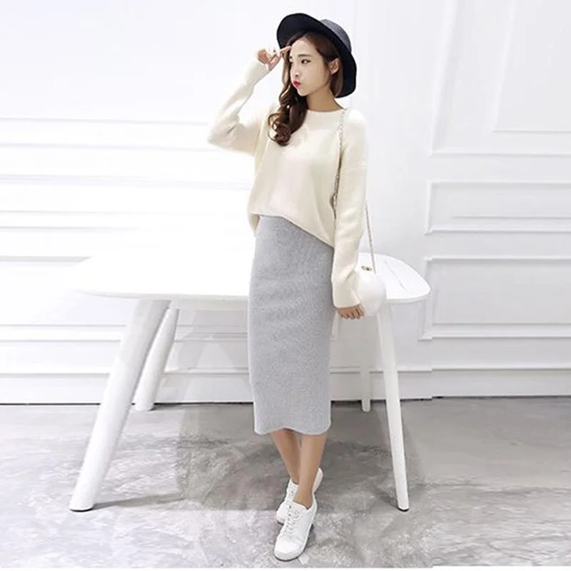 Skirts Women fashion Chic Pencil Skirts Wool Rib Knit Long Skirt Package Hip Split Waist Midi Skir Maxi Faldas Mujer Moda 203