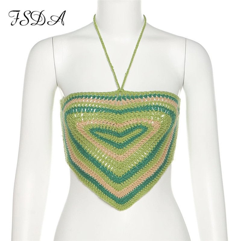 FSDA 2021 Heart Y2K Halter Neck Crop Top Women Bandage Summer Green Sleeveless Backless Vintage Knit Off Shoulder Sexy Tank Tops