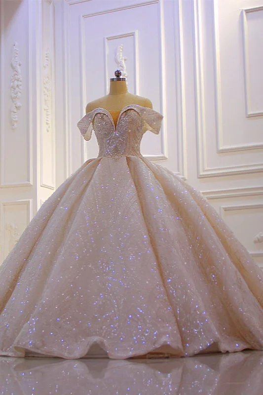 Pink Modest Ball Gown Off-The-Shoulder Satin Ruffles Wedding Dress With Sequins Beading | Ballbellas Ballbellas