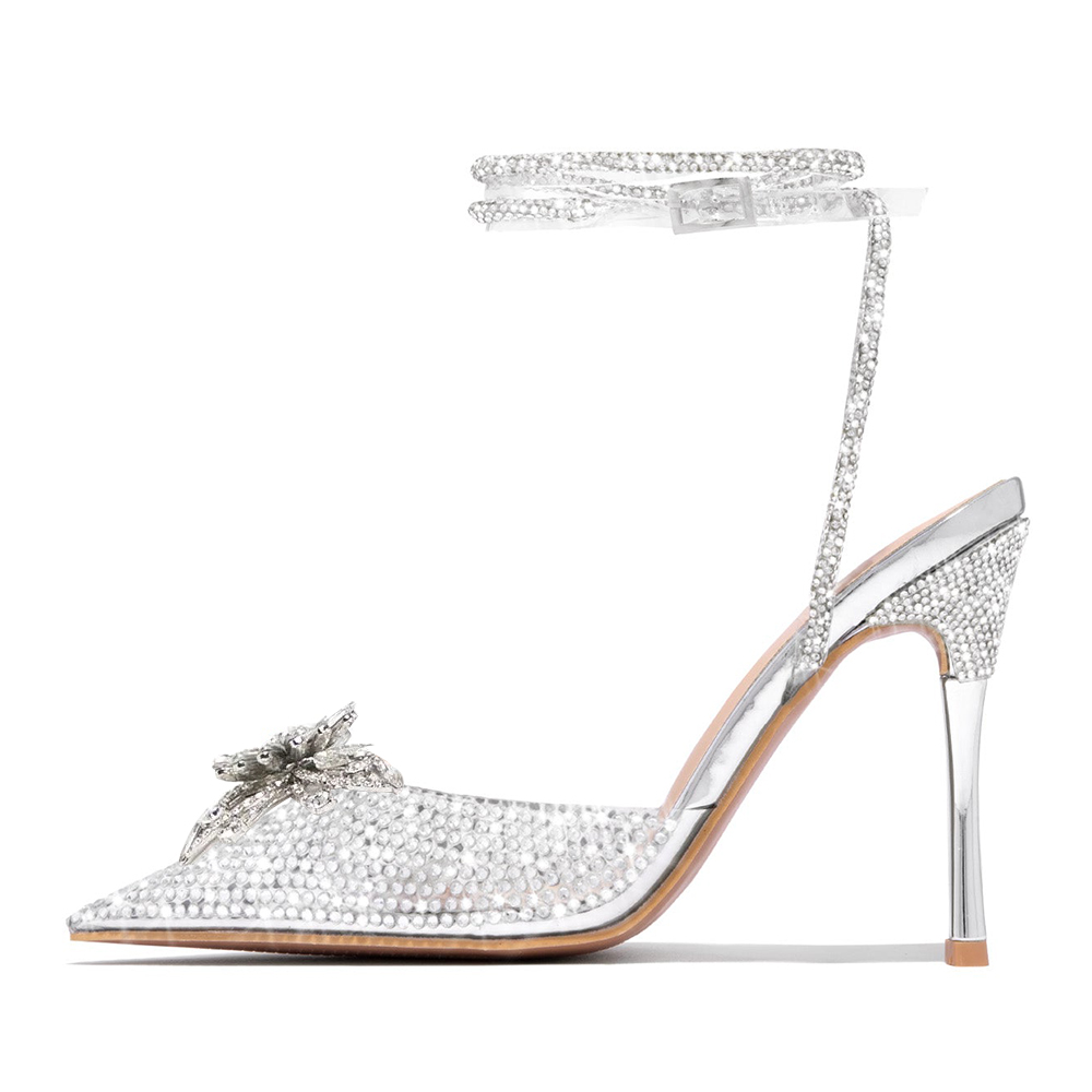 Elegant Silver Pointed Toe PVC Rhinestone Wrap Strap Pumps Heels Nicepairs