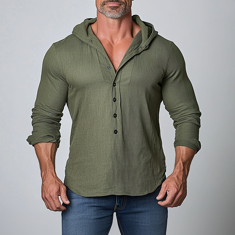 Men's Casual Solid Half Button Long Sleeve Hooded Shirt