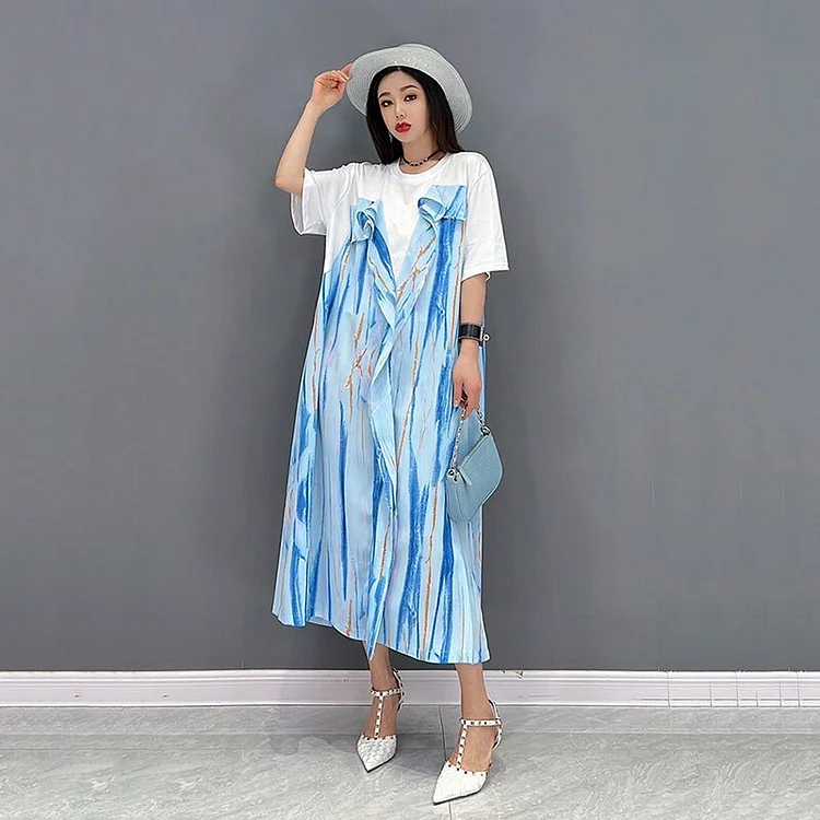 Chiffon O-neck Striped Patchwork Short Sleeve Dress