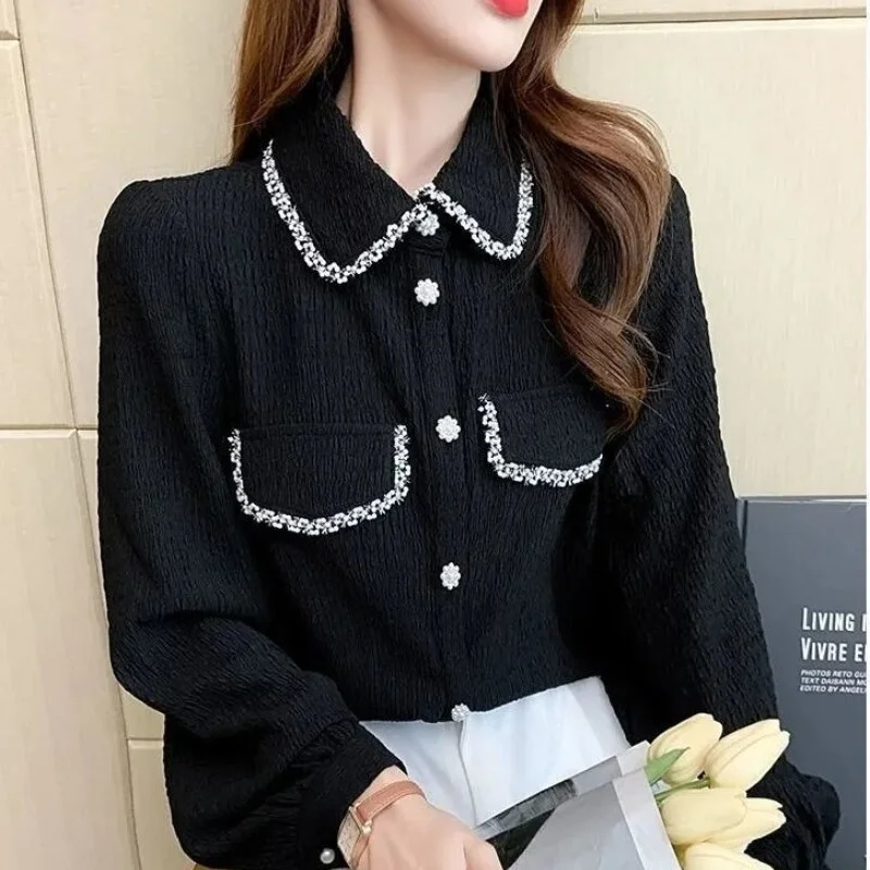 Jangj Fashion Stitching Chiffon Shirt for Female Turn Down Collar Long Sleeve Blouse Korean Sweet Style Casual Shirt casual blouse