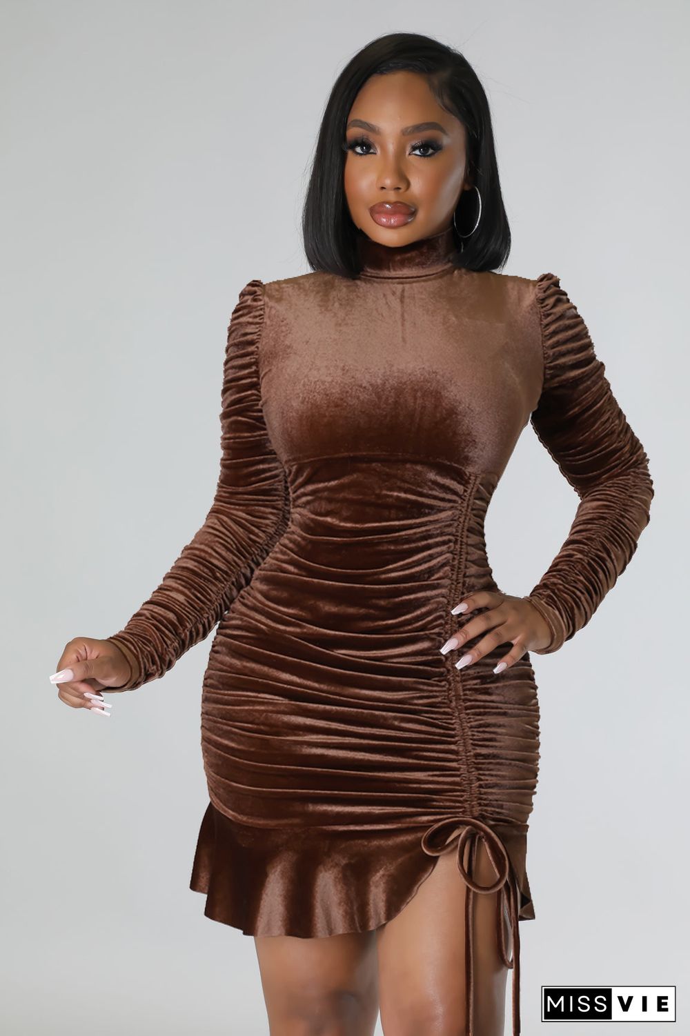 Long Sleeve Drawstring Ruched Winter Dress