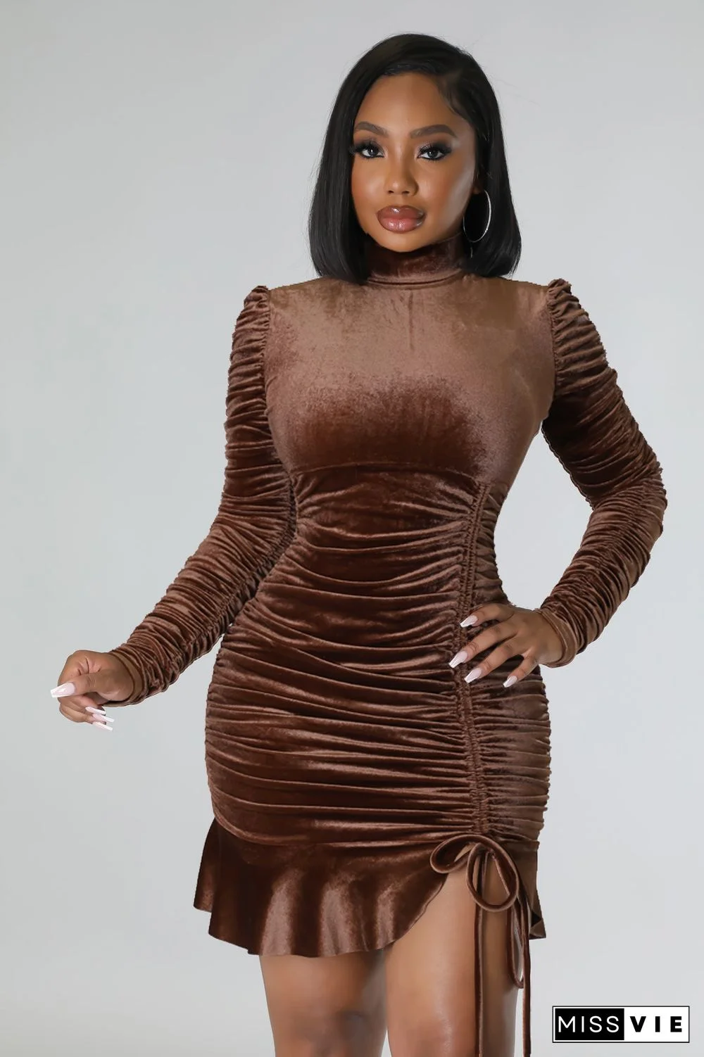 Long Sleeve Drawstring Ruched Winter Dress