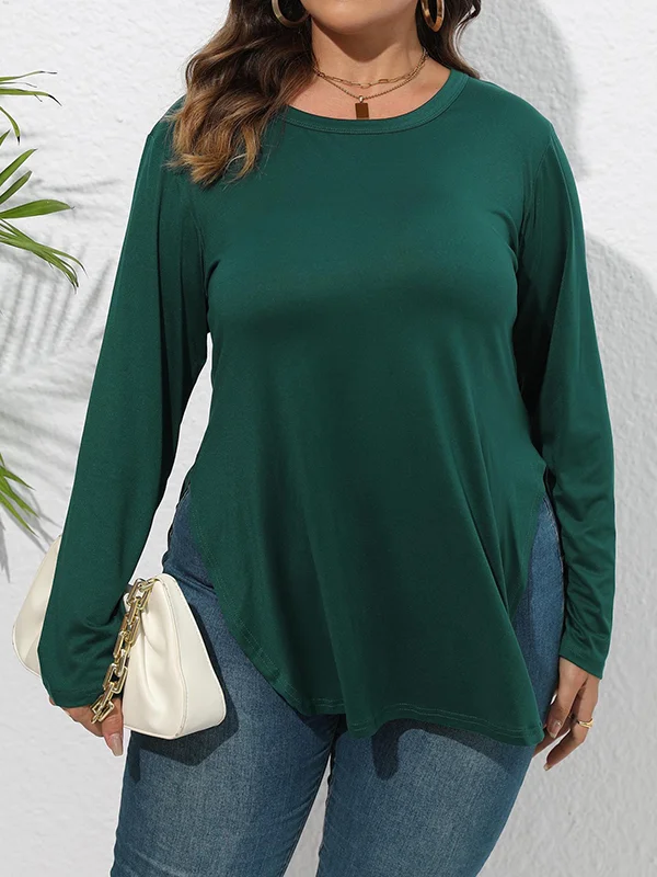 Solid Color Long Sleeves Loose Round-Neck T-Shirts Tops