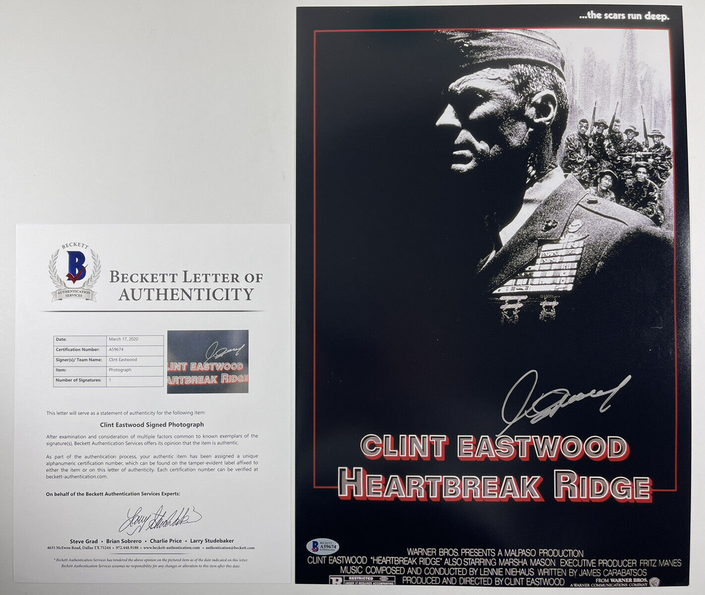 CLINT EASTWOOD SIGNED HEARTBREAK RIDGE 12x18 Photo Poster painting MOVIE POSTER BAS LOA #A59674