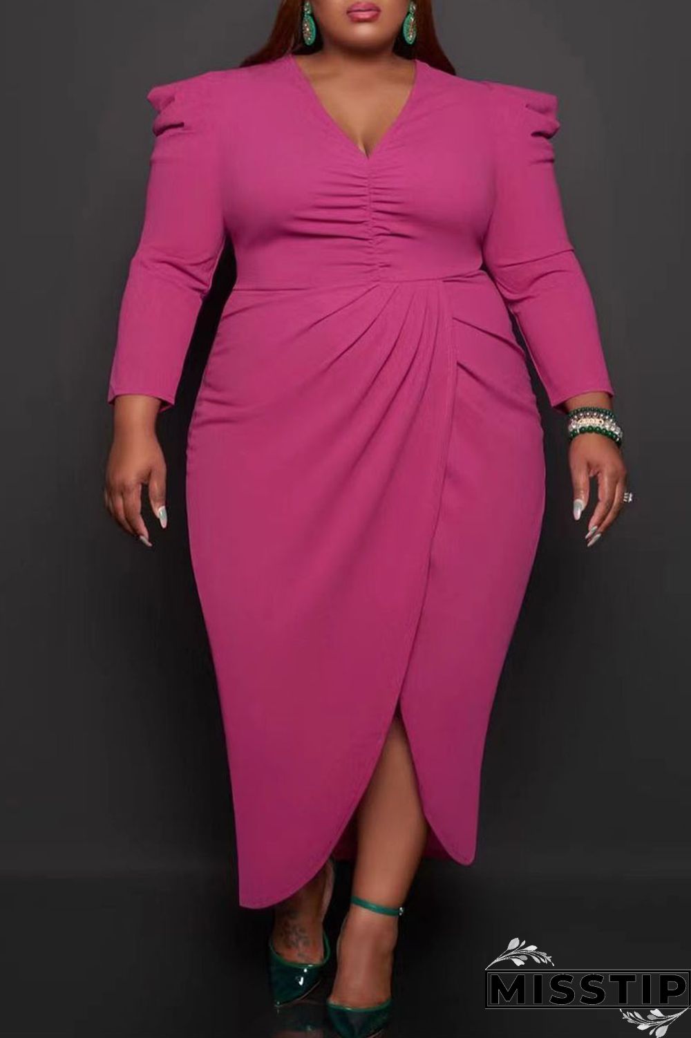 Black Casual Solid Patchwork Fold Asymmetrical V Neck Princess Plus Size Dresses