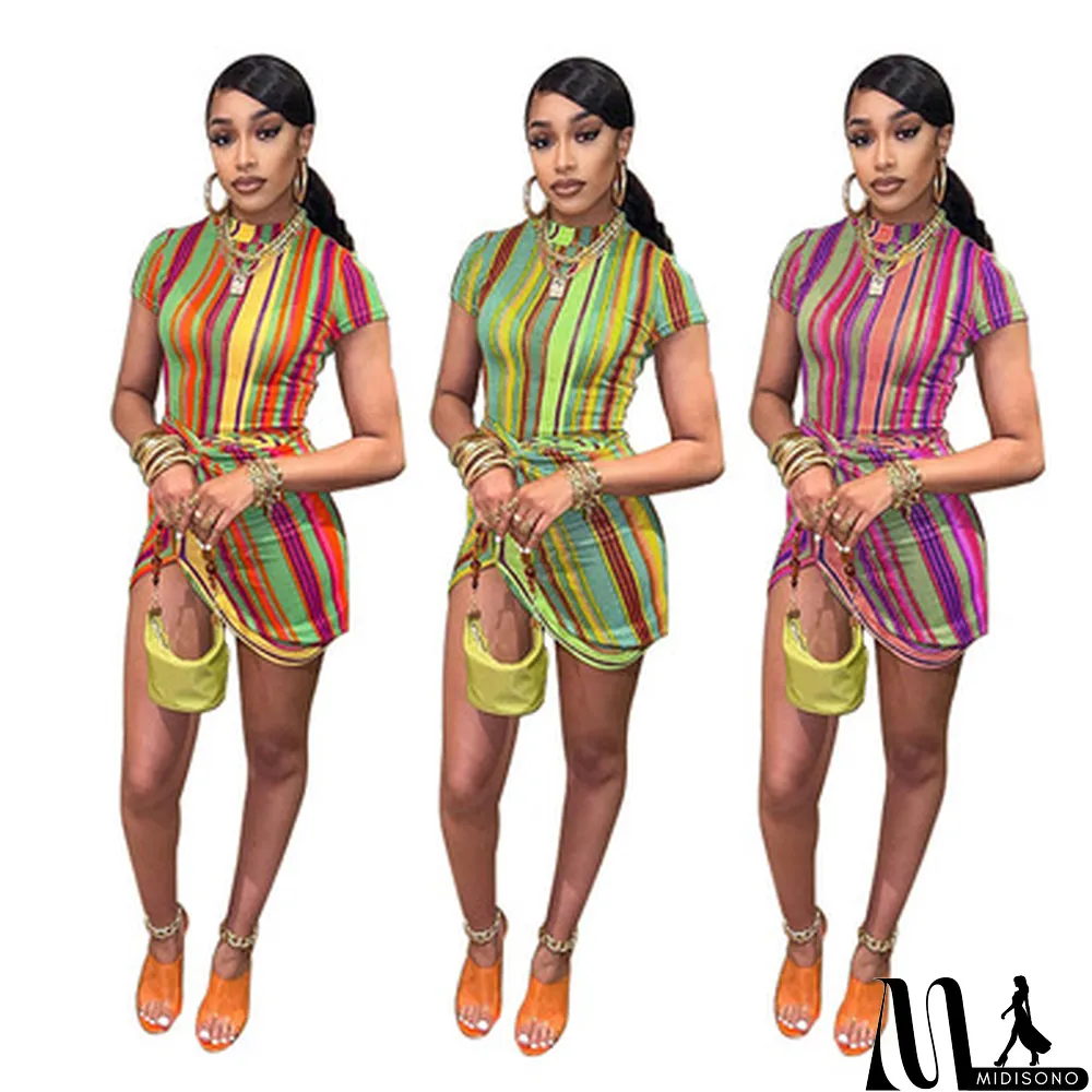 MidiSono - Casual Simple Color Striped Print Sexy Dress