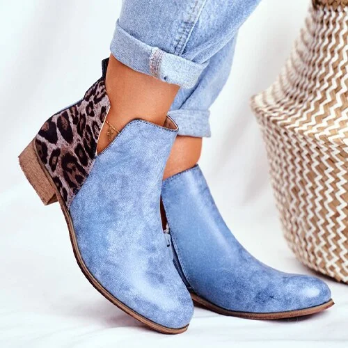 2022 Women Retro Ankle Boots Woman Vintage Leopard Low Heels Women's Zip PU Leather Ladies Shoes Female Short Boots botas mujer