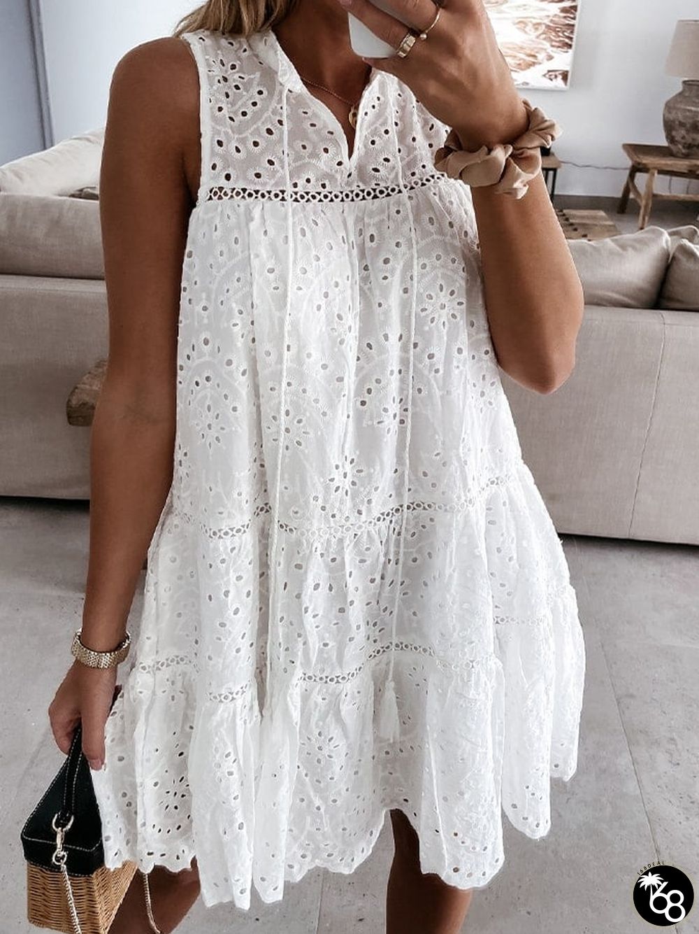 Women's Solid Color Lace Hollow Sleeveless Dress | 168DEAL