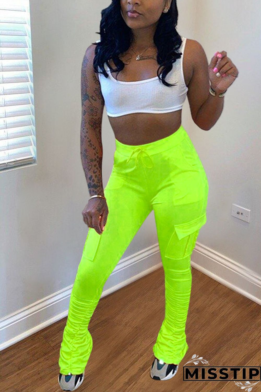 Fluorescent green Drawstring High Solid Pocket Draped Boot Cut Pants Bottoms