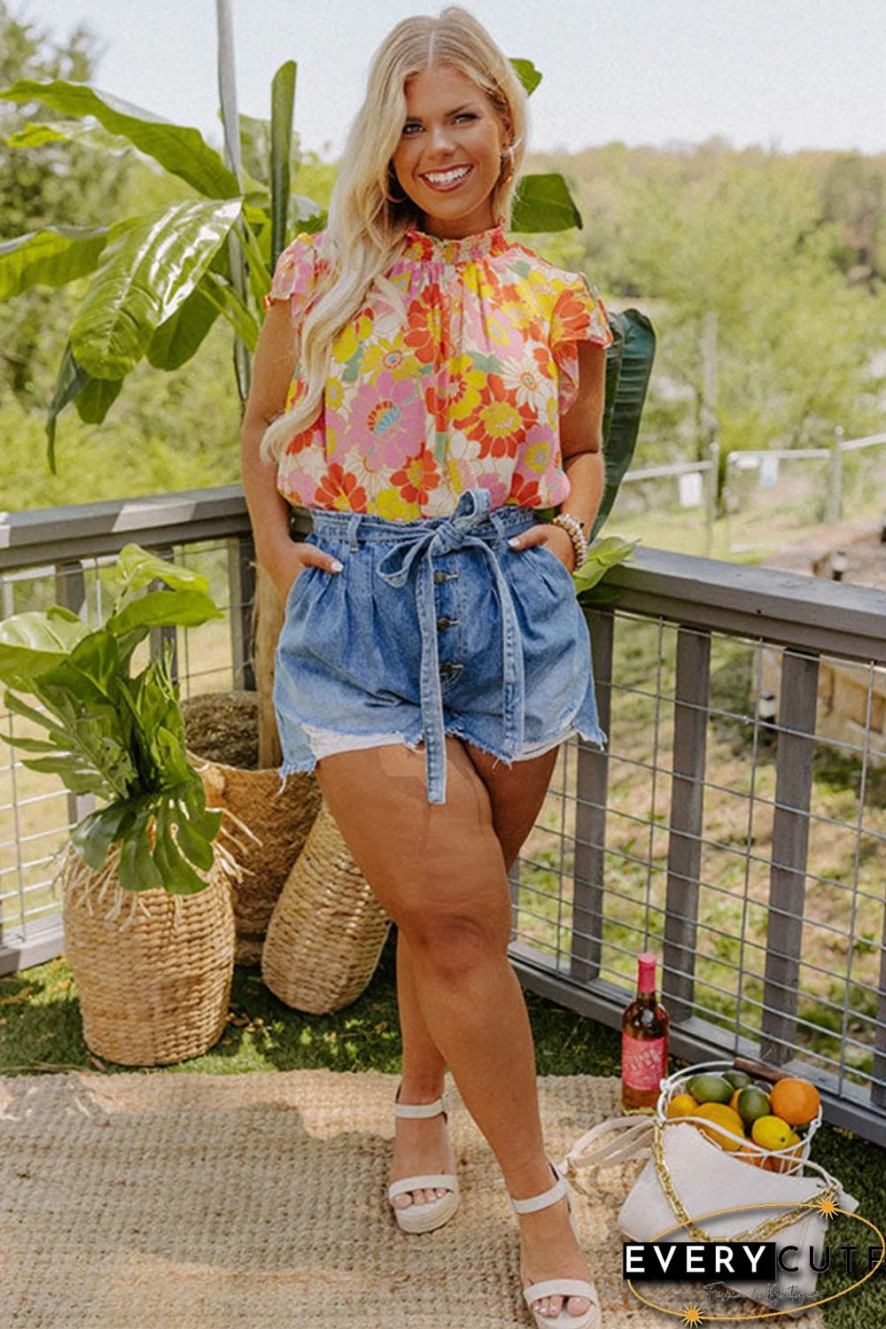 Multicolor Plus Size Mock Neck Ruffle Sleeve Floral Blouse