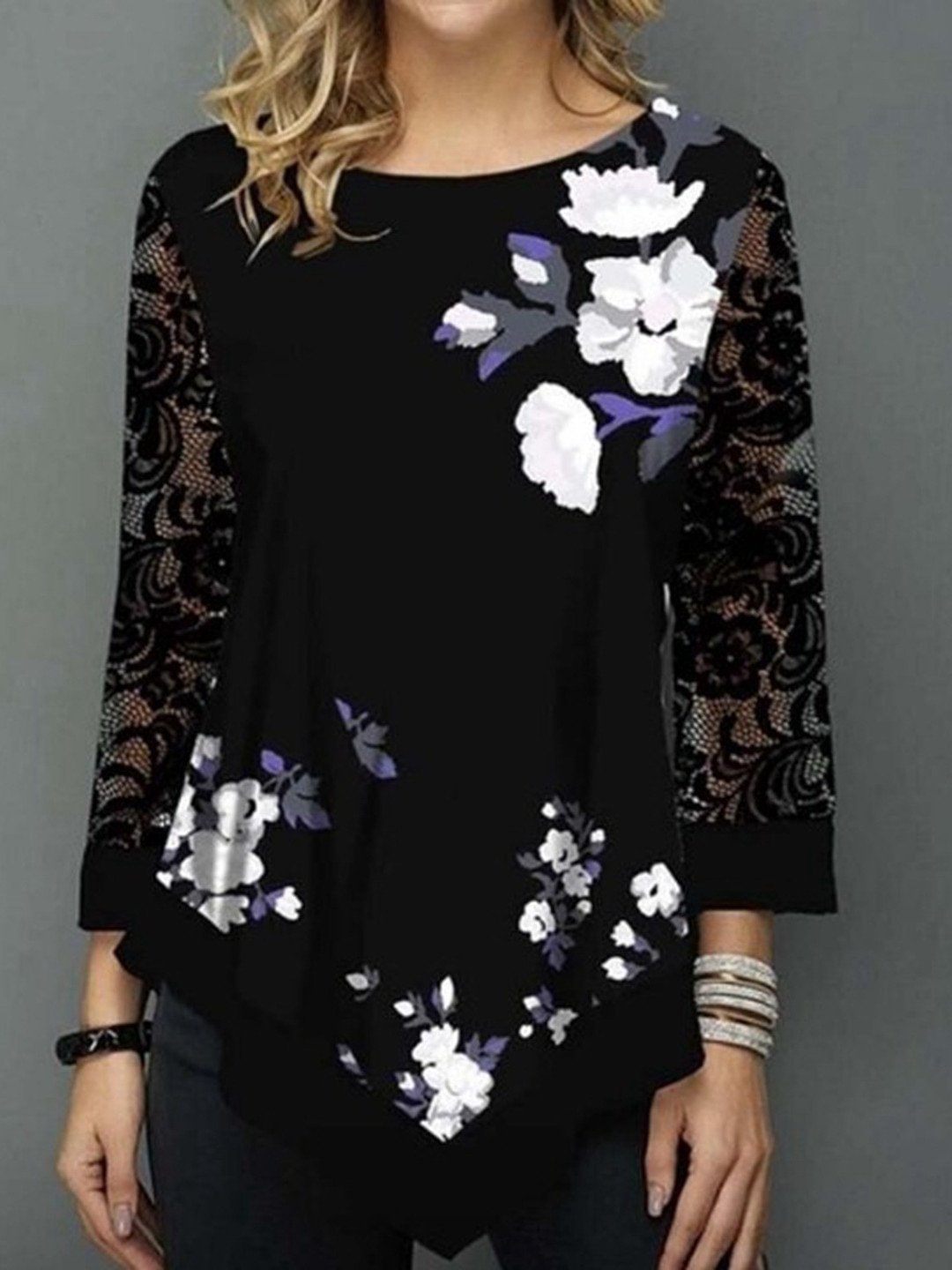 Women Long Sleeve Scoop Neck Floral Printed Animal Print Top