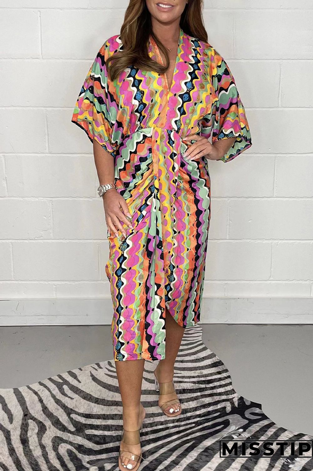 Colour Casual Geometric Print Patchwork V Neck Shirt Dress Dresses