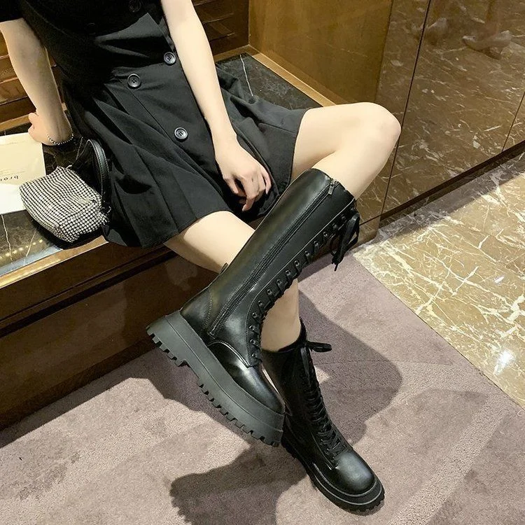 Nausk Lace Up Booties Mujer Zip Chelsea Chunky Platform Pu Leather Knee High Boots Women Punk Increasing Long Woman