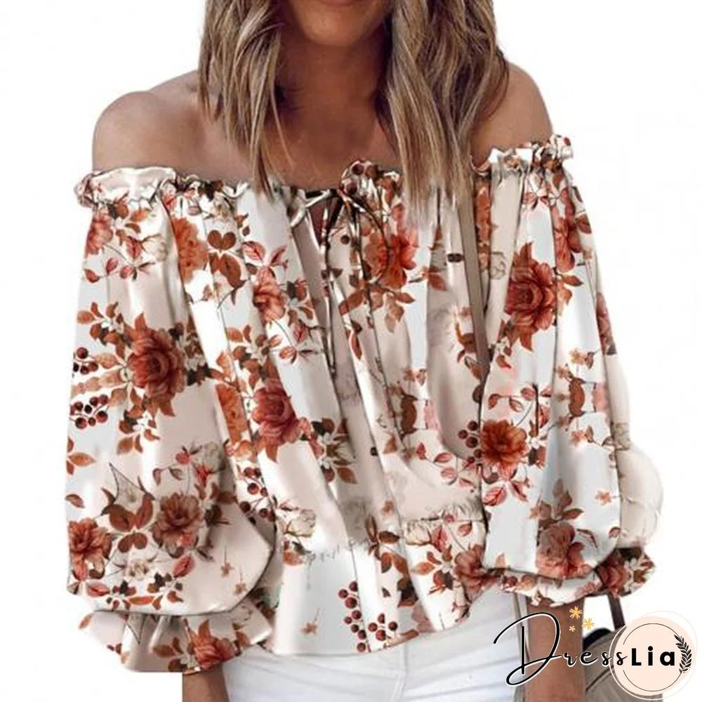 Ladies Sexy Off-shoulder Flared Sleeve Shirt Elegant Lace-up Tassel Chic Shirt Summer Retro Floral Print Boho Top