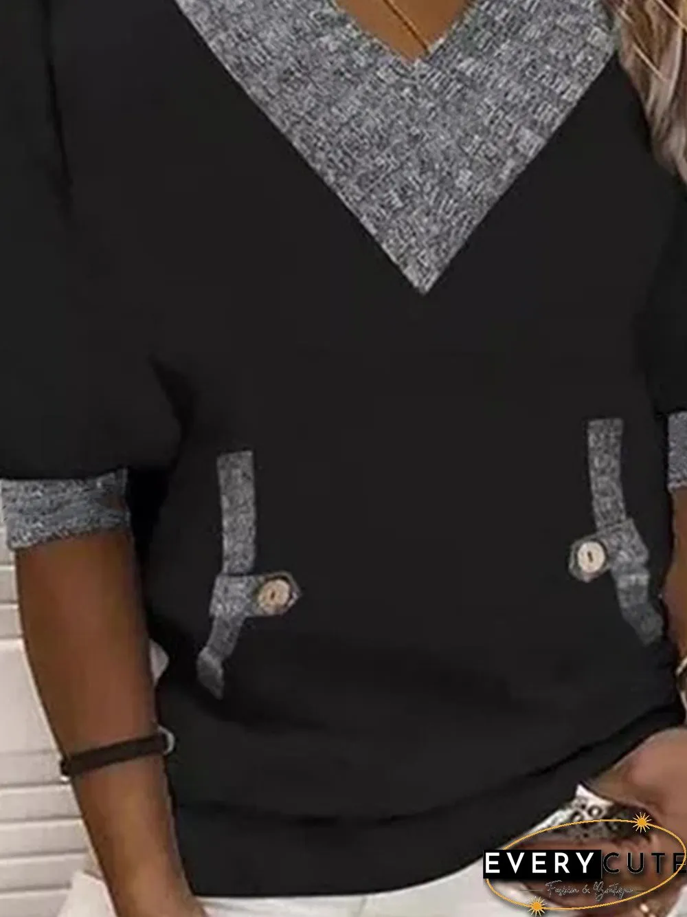V Neck Casual Simple Long Sleeve Loosen Sweatshirts