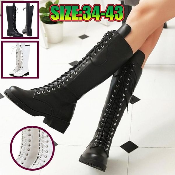 New Designer Womens Square Low Heel Riding Motorcycle Heel Knee High Boots Punk Gothic Platform Lace Up Shoes Size34-43 - Life is Beautiful for You - SheChoic