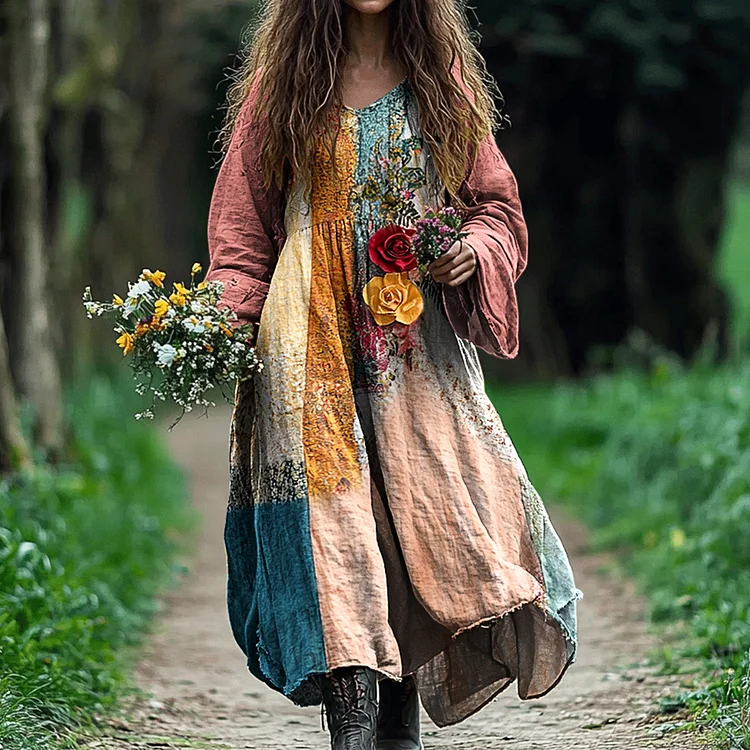 Women's Vintage Bohemian Floral Patch V-neck Cotton And Linen Dress