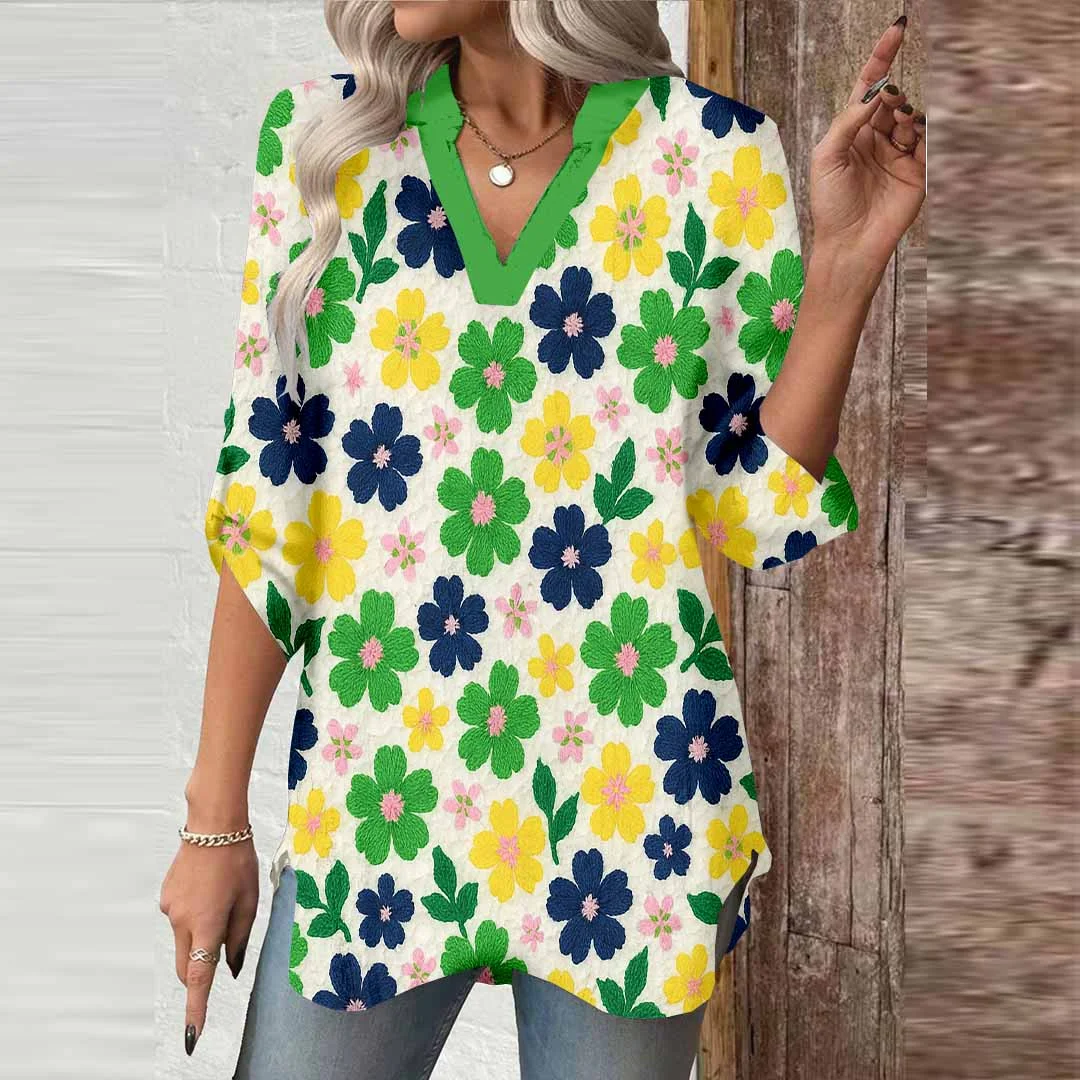 Women Flowers, Yellow, Green, Black DZGA0371 3/4 Sleeve V-neck Printed Graphic Button Tops