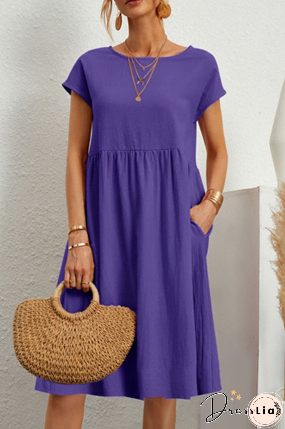 Casual Solid Patchwork O Neck A Line Short Sleeve Dress(11 Colors)