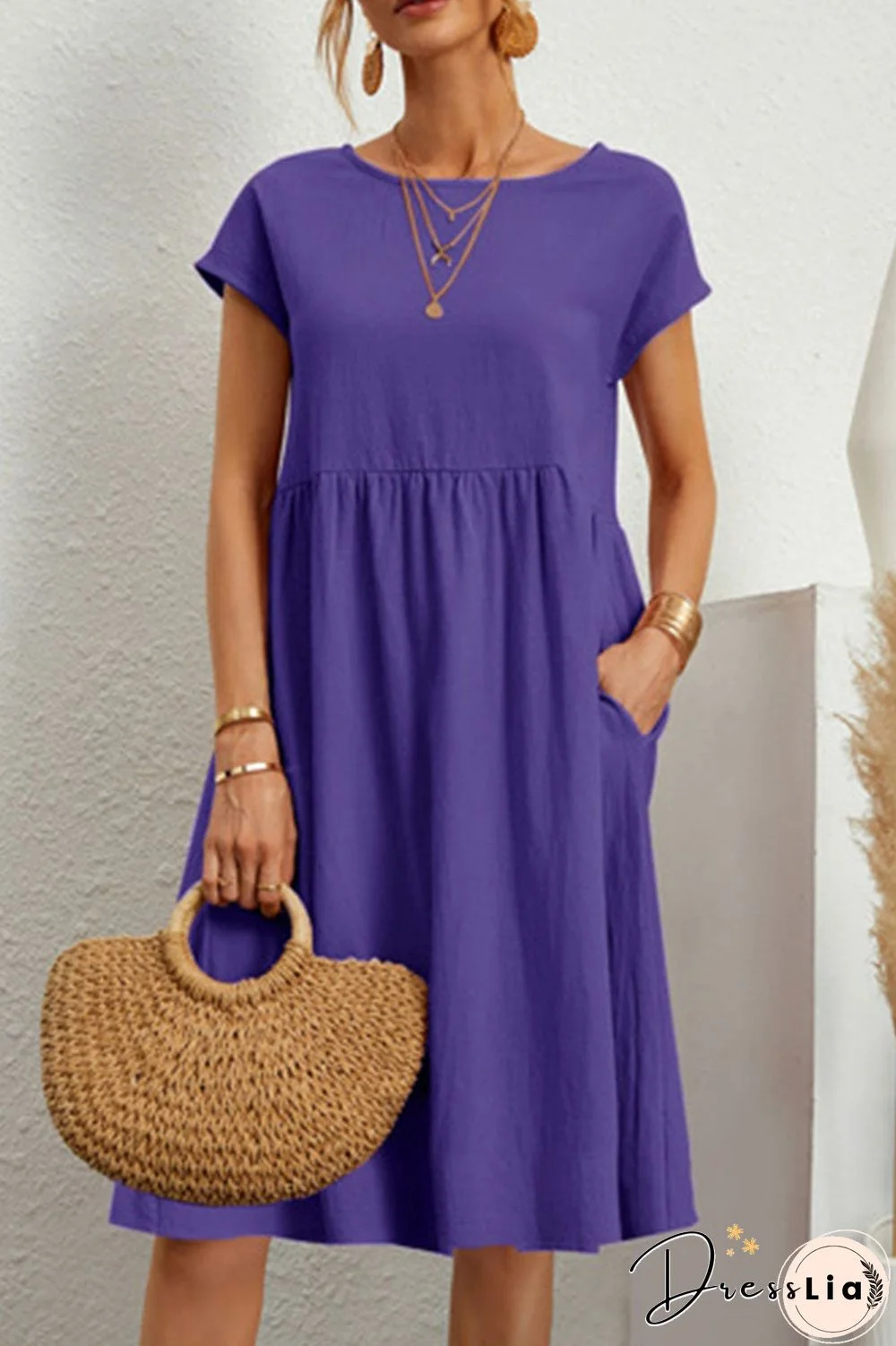 Casual Solid Patchwork O Neck A Line Short Sleeve Dress(11 Colors)