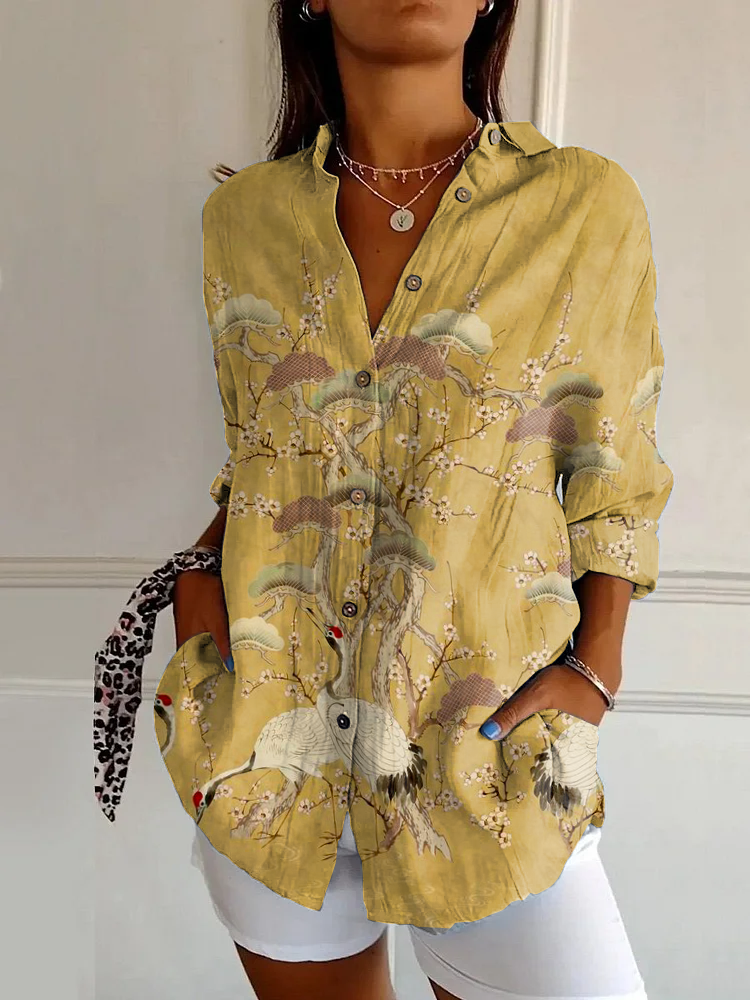 Classic Japanese Crane Print Casual Long Sleeve Shirt