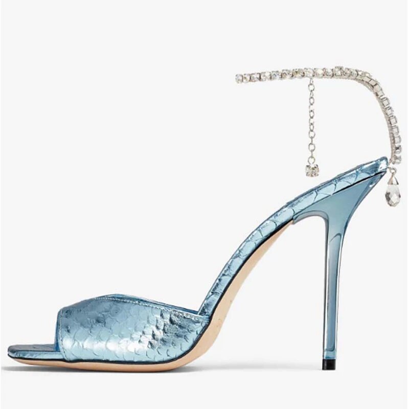 GOOSHOE Square Peep Toe Women Diamonds Chain Ankle Strap High Heels Animal Print Dress Sandals