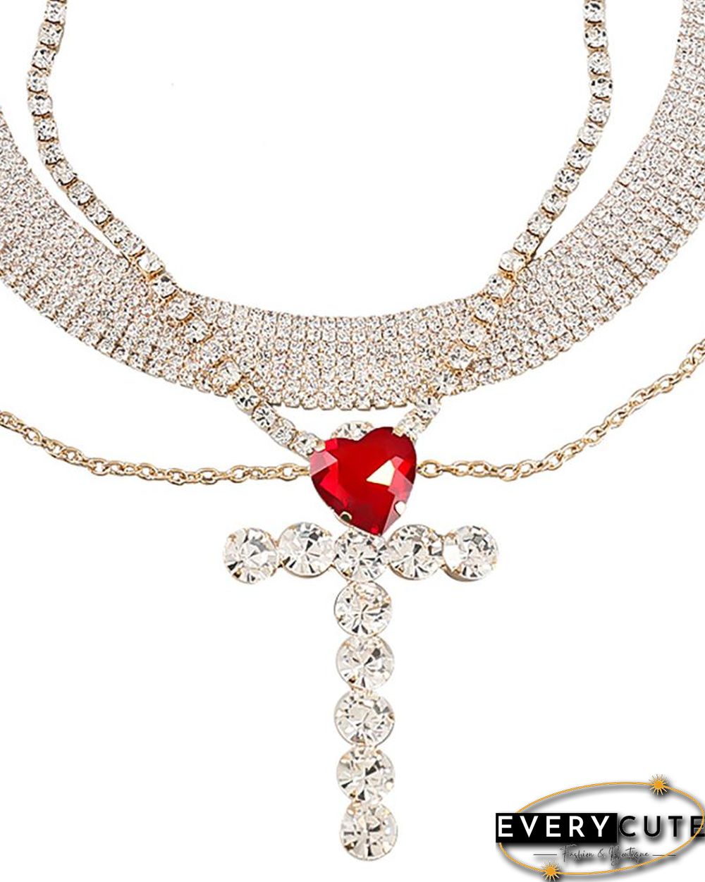 3PCS Heart Shaped Rhinestone & Cross Pattern Studded Layered Necklace