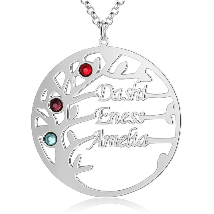 Family Tree Name Necklace with 3 Birthstones Custom 3 Names Personalized Tree Of Life Pendant